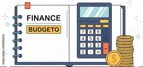 Detailed financial planning notebook illustration featuring a modern calculator and a stack of gold coins for effective money management and budget analysis.