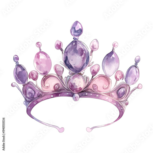Watercolor purple and pink princess tiara crown with gemstones