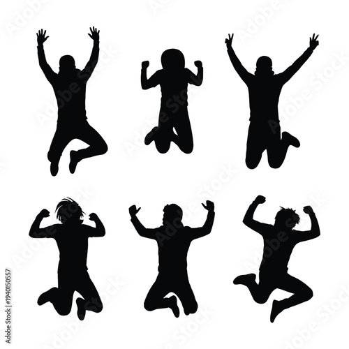 Six silhouette figures in various jumping and celebratory poses