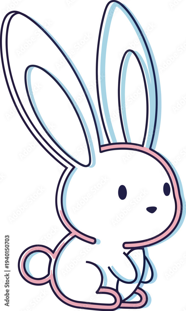 Obraz premium Adorable small white cartoon rabbit illustration featuring a charming simple outline effect with cyan and magenta accents isolated on white.