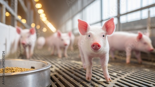 Several cute piglets walking on the farm pen, one piglet standing in front of the camera smiling