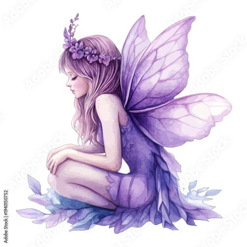 Watercolor illustration of a beautiful purple fairy with butterfly wings sitting isolated on white