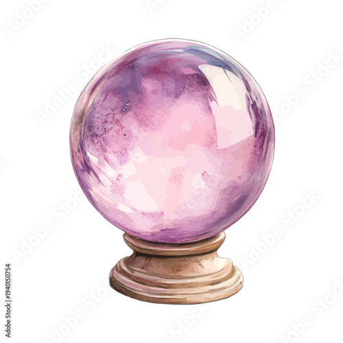 Watercolor purple crystal ball on wooden stand isolated on white