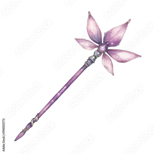 Watercolor illustration of a purple fairy wand with flower petals isolated on white