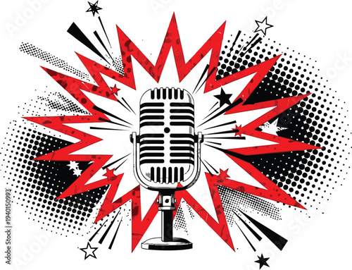 Trendy halftone collage hand holding microphone