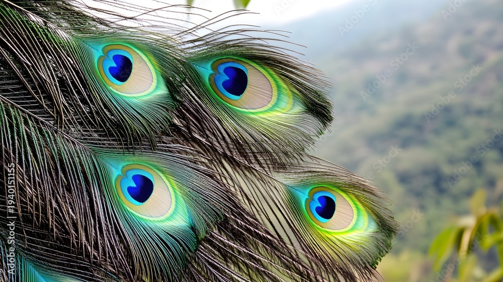 Obraz premium Closeup of iridescent peacock feather eyes with blurred green background