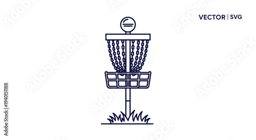 Disc Golf Basket Icon, Vector Line Art, Sport Equipment on White Background