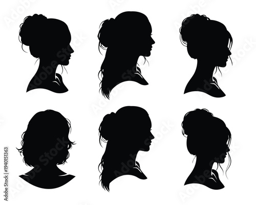 Six black silhouettes of women with various hairstyles