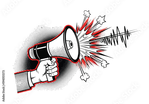 Trendy halftone collage microphone announcement concep