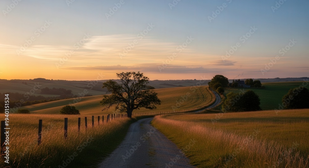 Obraz premium Serene Countryside Landscape with Gravel Path and Sunset Sky