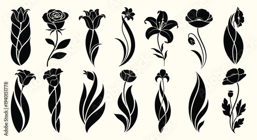 A collection of various intricate black and white floral designs showcasing different shapes and sizes