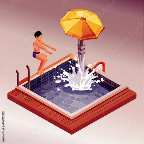 Isometric vector illustration of a man jumping into a swimming pool with an umbrella fountain.