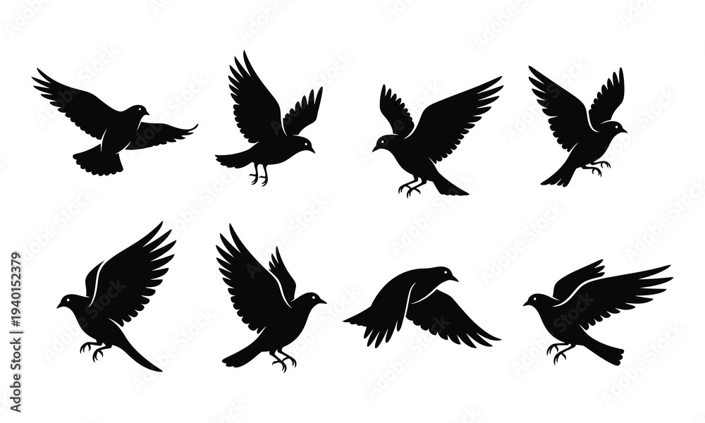 Fototapeta premium Collection of flying ravens in various poses