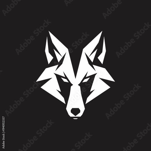 Geometric white fox head silhouette on black background vector illustration