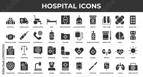 hospital set icon, consisting of fill icons such as ambulance, thermometer, medicine, scalpel, stethoscope and others