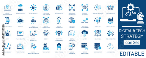 Digital and Tech Strategy solid icon set. Featuring Artificial Intelligence, Cyber Security, Cloud Computing, and Big Data. Solid glyph vector icons for IT, software, and innovation projects.