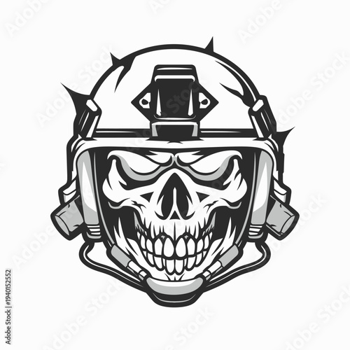 Graphic illustration of a skull wearing a military helmet in grayscale