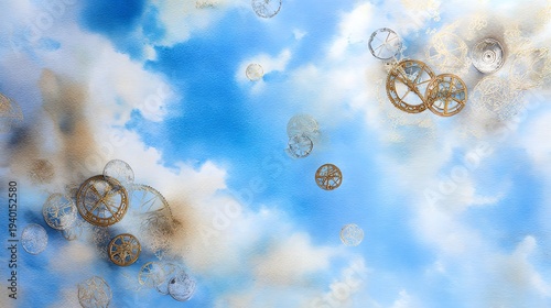 Surreal clockwork gears float peacefully against a bright blue sky watercolor art illustration