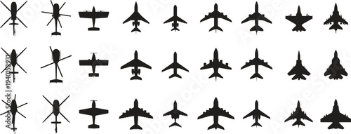 Professional vector set of various airplane silhouettes featuring commercial airliners, private jets, helicopters, and military aircraft icons in top-view profiles.