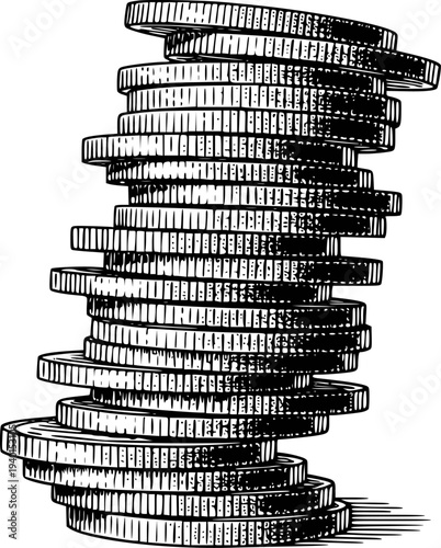 A tall stack of black and white engraved coins a white background money finance