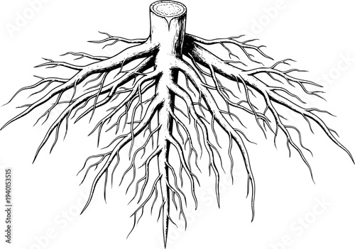 Detailed Black and White of a Tree Stump with Extensive Root System White Background