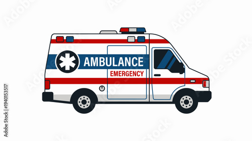 Medical emergency ambulance vehicle illustration with Star of Life symbol, urgent healthcare transport, first responder service