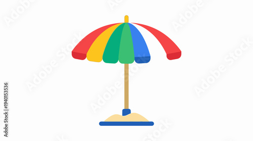 Vibrant multi-colored beach umbrella icon on sand, perfect for summer vacation, sunny holidays, tropical travel, and sun protection.