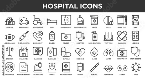 Hospital icon set, consisting of line icons such as ambulance, thermometer, medicine, scalpel, stethoscope and others