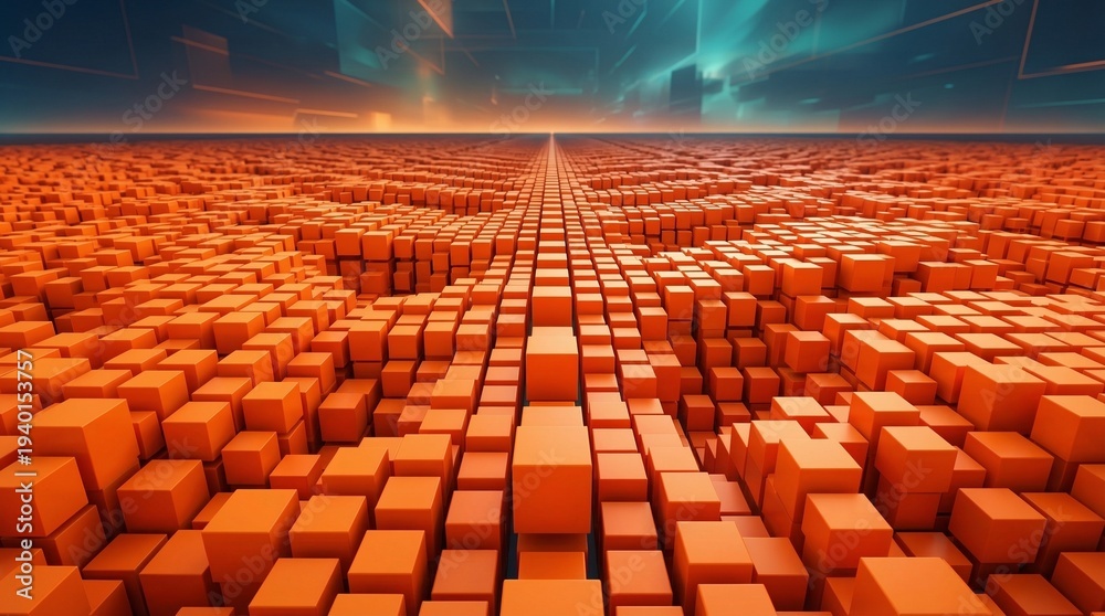 Obraz premium Endless Orange Cubes Grid Landscape with Abstract Sky