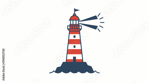 Stylized red and white striped lighthouse illustration on a rocky base, shining light for maritime navigation and coastal safety.