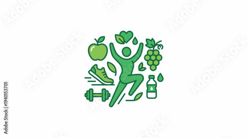 Healthy Lifestyle Concept Icon: Wellness, Fitness & Nutrition Symbol with Person, Apple, Grapes, Dumbbell & Running Shoe