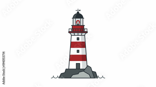 Vector illustration of a classic red and white striped lighthouse on a rocky island, with a bright light beam for marine navigation and safety at sea. Coastal beacon symbol.