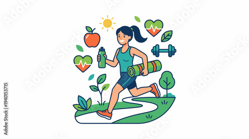 Healthy active woman jogging outdoors with fitness and wellness symbols like an apple, water, and yoga mat. Flat vector illustration.
