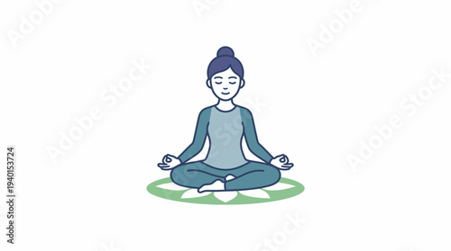 Serene woman meditating in lotus pose on a patterned mat, finding peace and mindfulness. Yoga and relaxation concept illustration.