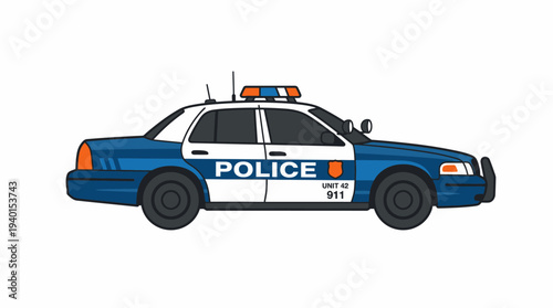 Side view illustration of a classic police patrol car with lights and siren, blue and white emergency vehicle for law enforcement and security.