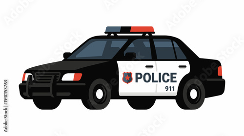 Cartoon Police Car Illustration with Siren and Lights on White Background, Emergency Vehicle for Law Enforcement