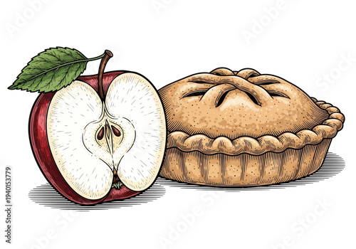 Detailed of a ripe red apple half and a golden brown apple pie fruit food