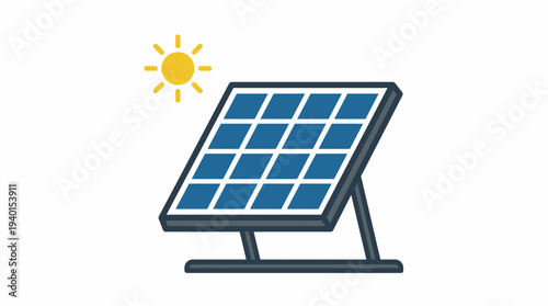 Flat design illustration of a solar panel system capturing sunlight for renewable and sustainable green energy production