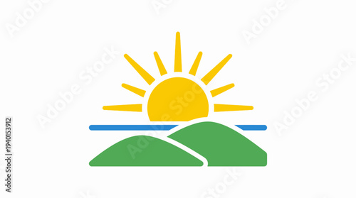 Minimalist flat design vector icon depicting a bright yellow sun rising or setting over green hills and a blue ocean horizon.