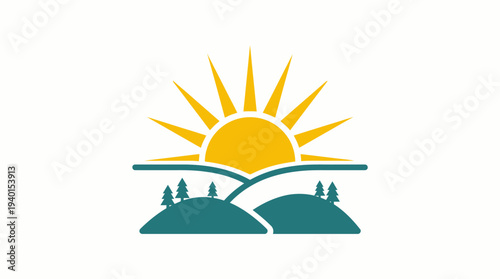 Stylized graphic of a golden sun rising above green rolling hills with evergreen trees, nature landscape vector illustration
