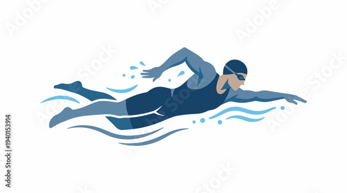 Dynamic Swimmer Performing Front Crawl Stroke in Water, Stylized Illustration for Aquatic Sports and Fitness Concepts