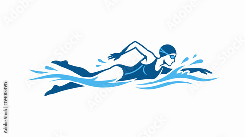 Dynamic illustration of a swimmer performing the front crawl stroke with splashes, wearing a cap and goggles in blue water