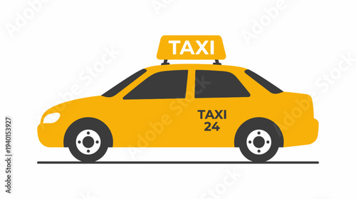Yellow taxi car illustration. Side view of a flat vector icon for urban transport, public ride, and passenger service.