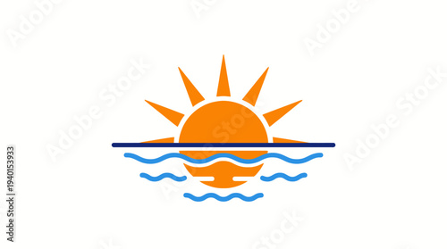 Minimalist vector icon of a bright orange sun with rays over blue ocean waves, representing sunrise, sunset, summer, and travel.