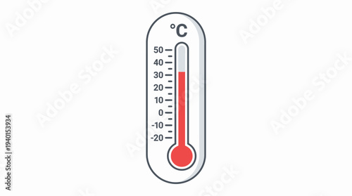Celsius thermometer illustration showing high temperature, a red mercury indicator for weather measurement and climate monitoring