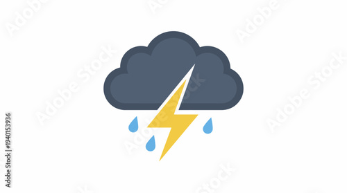 Weather Icon: Stormy Dark Cloud with Yellow Lightning Bolt and Raindrops. Severe Weather Forecast Symbol Illustration.
