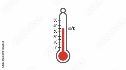 Flat design thermometer icon showing 35 degrees Celsius, symbolizing hot temperature, heat, weather, climate, and measurement.