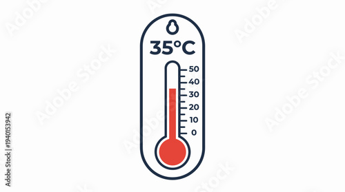 Thermometer icon illustrating 35 degrees Celsius temperature, symbolizing heat, climate change, and weather measurement.