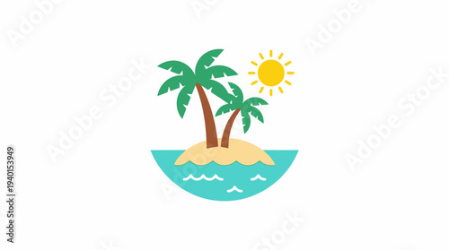 Tropical island illustration with palm trees, sun, and ocean waves. Flat design vector icon for summer travel and vacation.