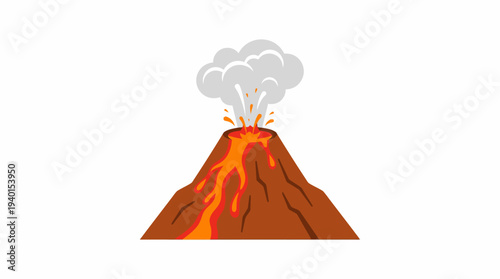 Volcanic eruption with flowing molten lava and smoke clouds. Natural disaster concept vector illustration on white background.